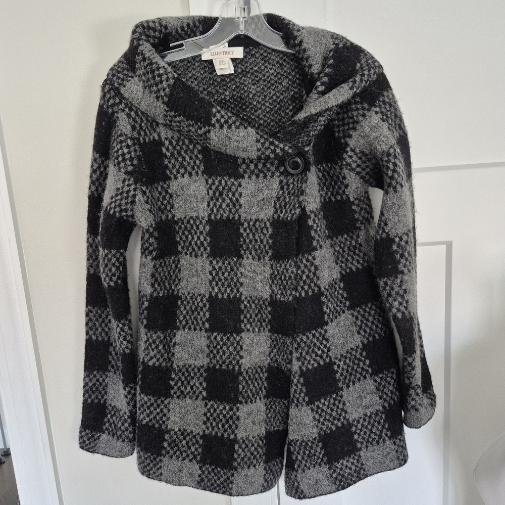 Ellen Tracy Cardigan / Jacket Gray Black Buffalo Plaid Wool Blend Size M NEW - Picture 6 of 8
